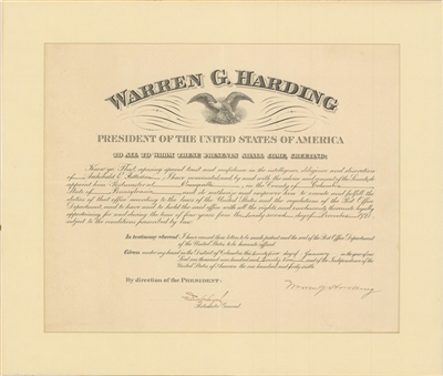 1922 Warren G. Harding Signed & Matted 17x20 Presidential Appointment (Beckett)
